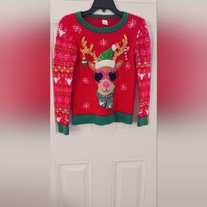 ***Crazy Rudolph Girls Christmas Sweater Sequins Sunglasses Size 10-12
